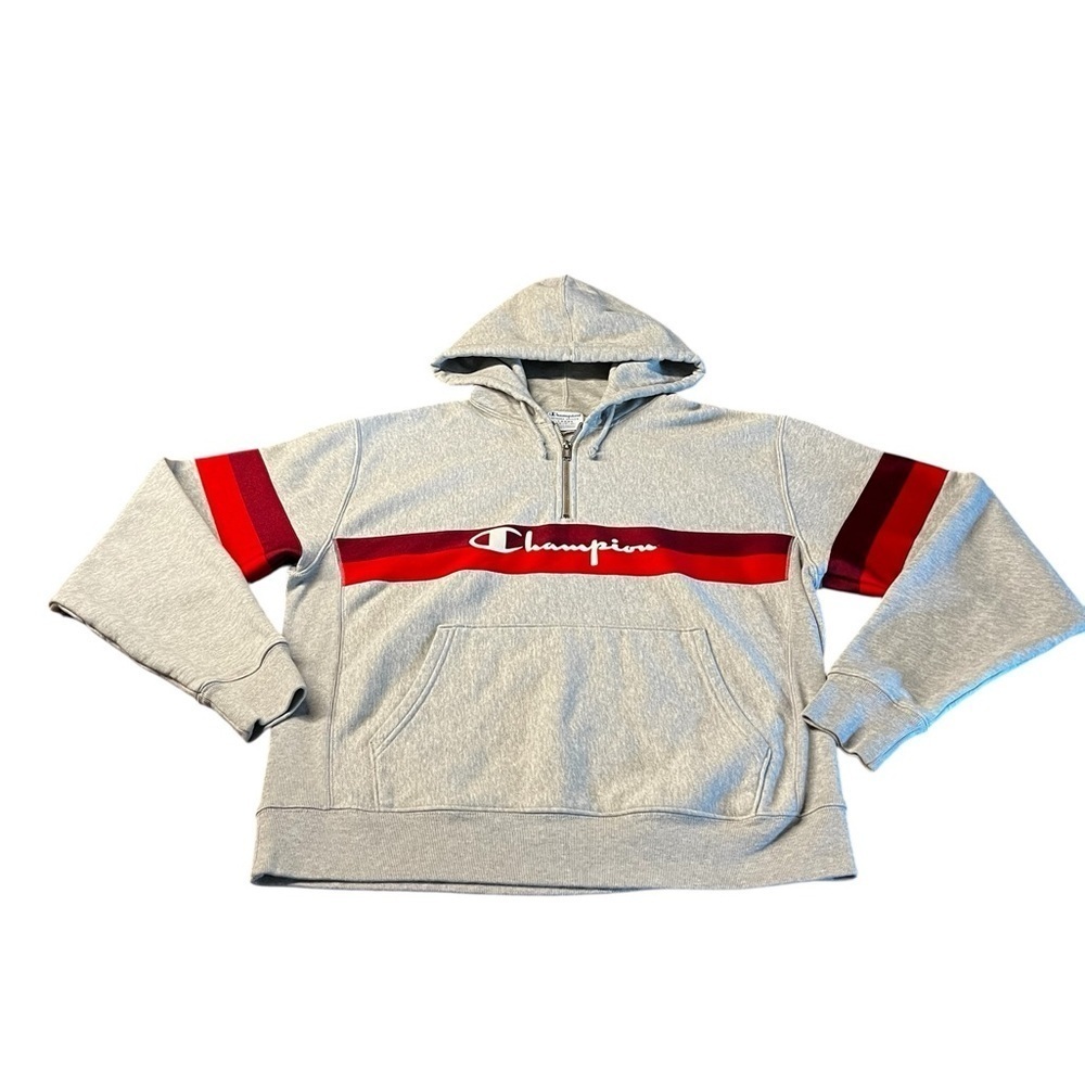 Champion Men’s Gray & Red Reverse Weave Hoodie Size Large
